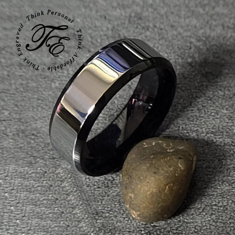 Men's Mirror Finish and Black Promise Ring - Silver Black Promise Ring For Him